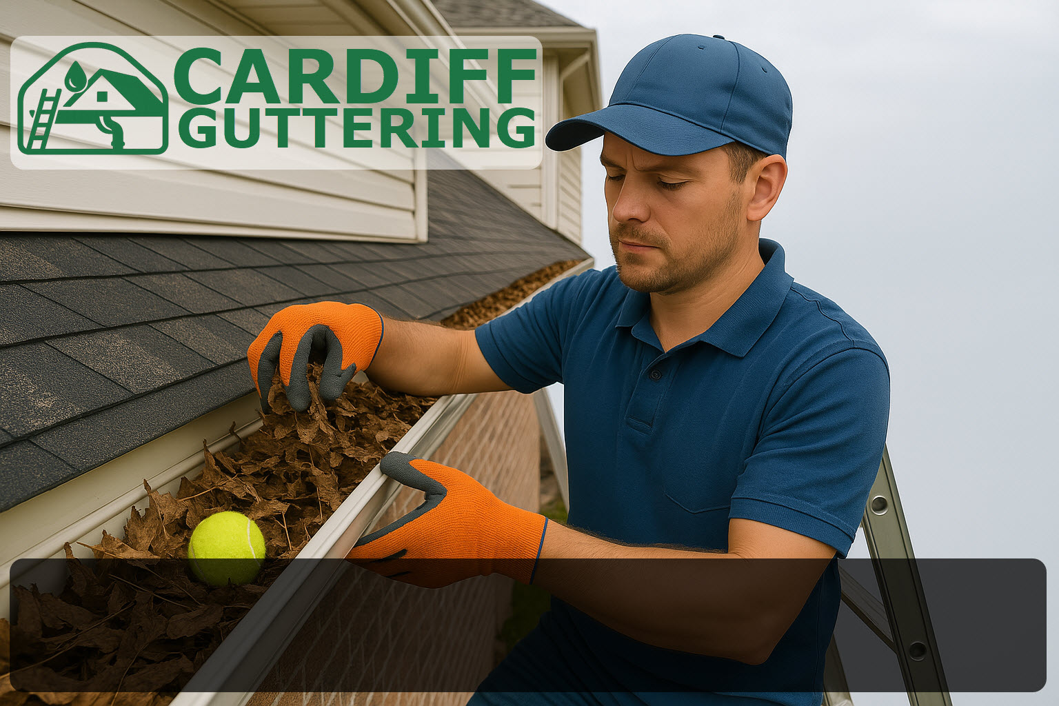 man clearing leaves and a tennis ball from small overhang roof guttering